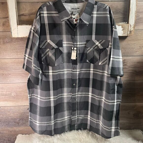 NWT ABLANCHE New York Men’s Plaid Button Up Dress Shirt Black Charcoal Size 5XL - Picture 3 of 7